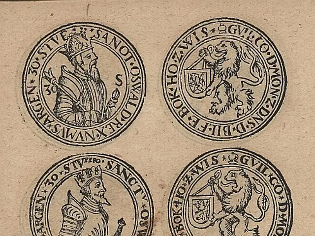 The image shows a page from a book with a drawing of six seals on it. The seals are circular in...