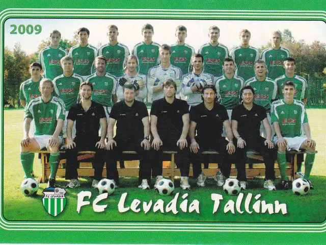 The image shows a poster of the FC Levadia Tallinn team, with a group of people standing and...