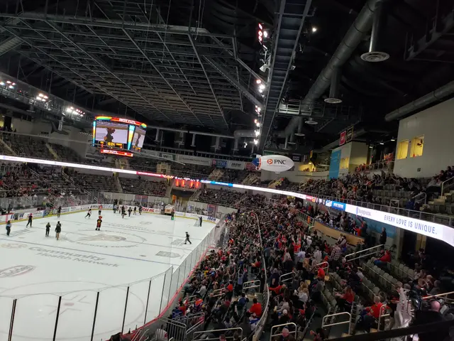 The image shows a hockey game being played in a large arena, with a group of people sitting on...