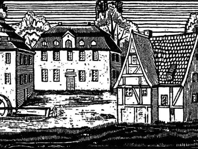The image shows a black and white drawing of a village with houses, trees, and a wheel. The houses...
