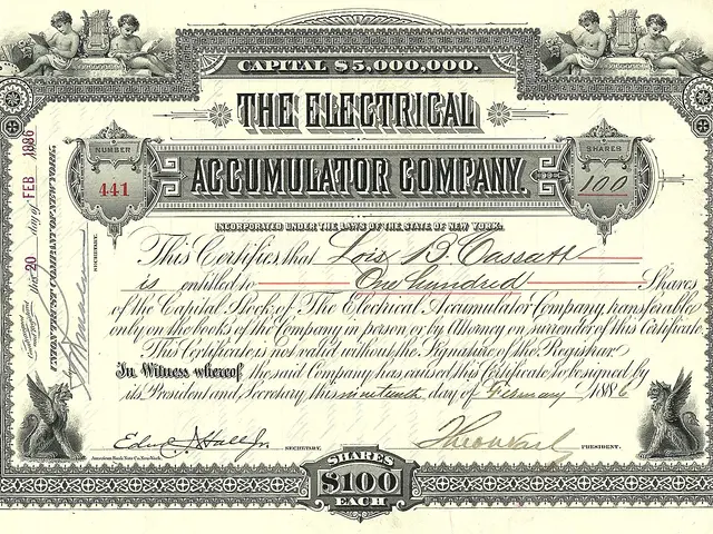 The image shows an electrical accumulator company stock certificate with text and numbers written...
