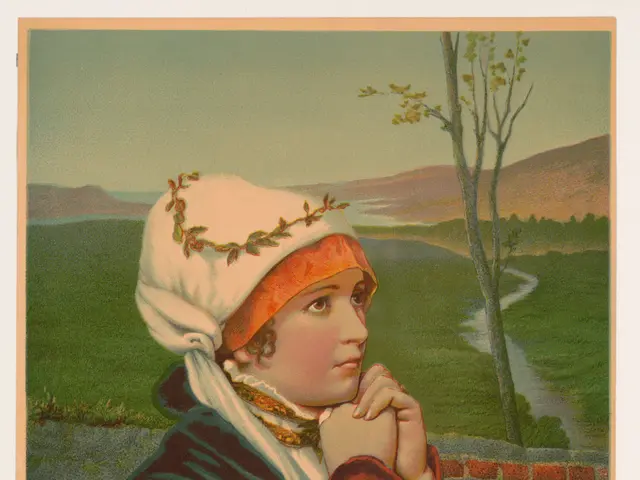 The image shows a woman in a white hat sitting on a bench, surrounded by a lush landscape of grass,...