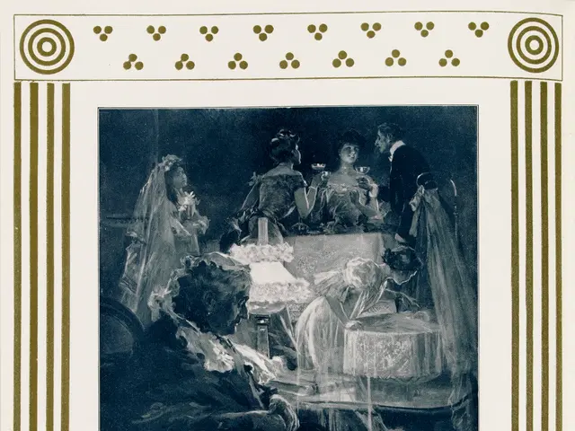 The image shows a poster with a black and white picture of a group of people sitting around a...