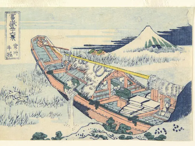 The image shows a boat in the foreground with a mountain in the background, surrounded by plants...