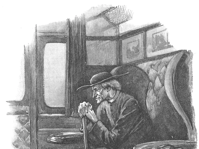 The image shows an old man sitting on a train, wearing a hat and holding a stick in his hand....