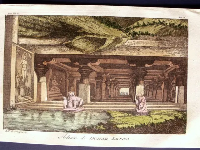 The image shows an engraving of the interior of a Hindu temple in India, depicting the Akata Di...