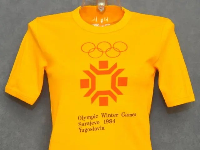 The image shows a yellow t-shirt with the words "Olympic Winter Games 1984" printed on it,...