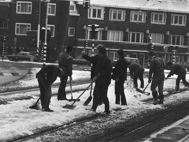 The image shows a group of men shoveling snow from the sidewalk on a city street. The street is...