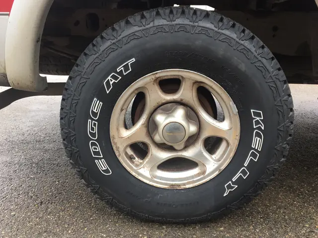 The image shows a close up of a truck tire on the side of a road. The tire is a Goodyear Eagle F1...