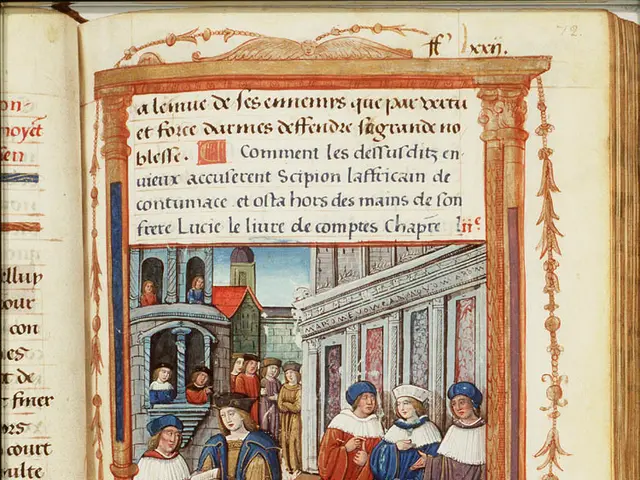 The image shows an open book with an illuminated manuscript depicting a scene from a medieval...