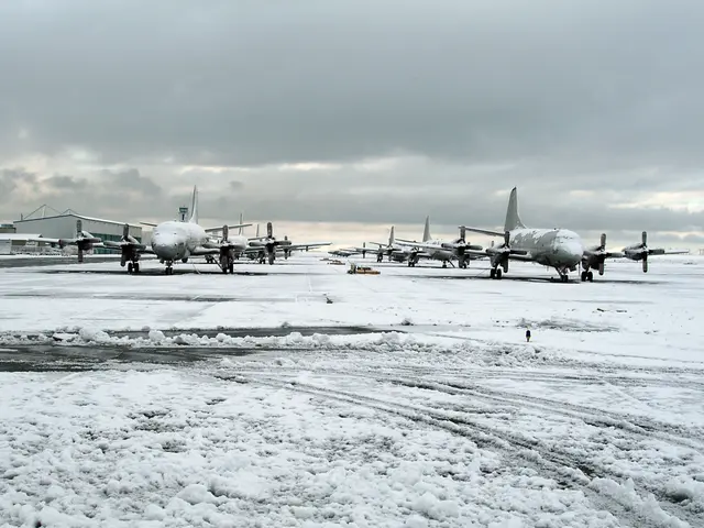 The image shows a group of airplanes sitting on top of an airport tarmac covered in snow. In the...