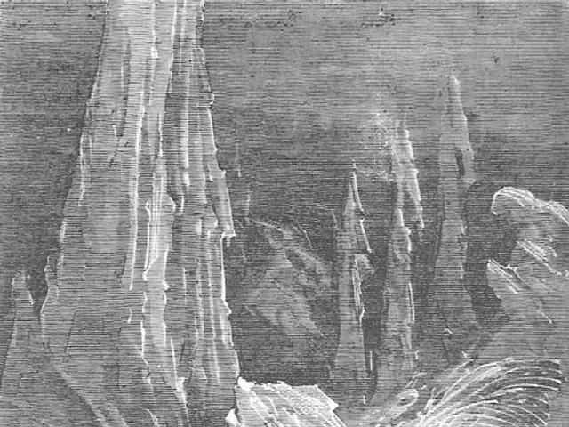 The image shows a black and white drawing of a large iceberg in the ocean, with people standing on...