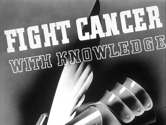 The image shows a black and white poster with the words "Fight Cancer with Knowledge" written...