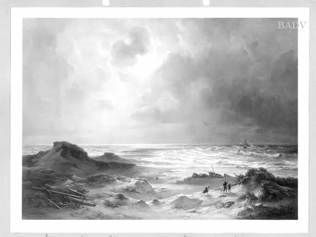 The image shows a black and white photo of a stormy sea with people on the shore. The sky is filled...