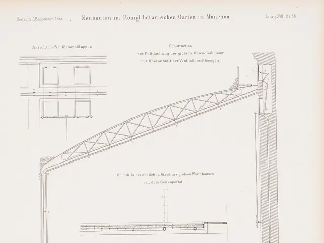 The image shows a drawing of a building with a crane on top of it, along with some text. The...