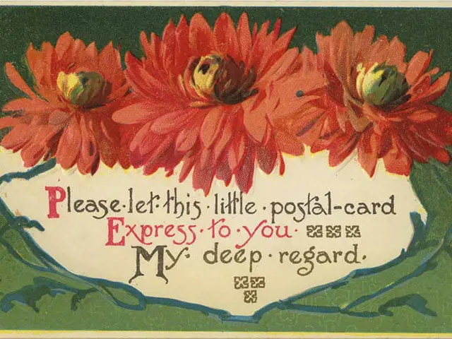 The image shows an old postcard with three red flowers on it and the words "Please let this little...