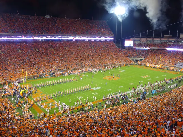 The image shows a football stadium filled with lots of people watching a game. We can see a group...