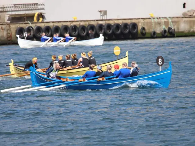 The image shows a group of people in a blue and yellow boat on the water, with paddles in their...