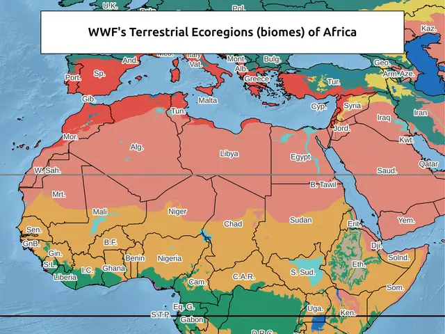 The image shows a poster with a map of Africa, highlighting the terrestrial ecoregions of the...