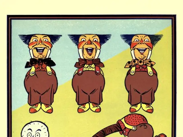 The image shows a cartoon of a group of clowns in different costumes, with one of them holding a...