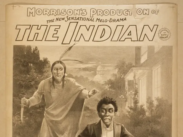 The image shows a poster of a man and a woman standing in front of a building with trees in the...