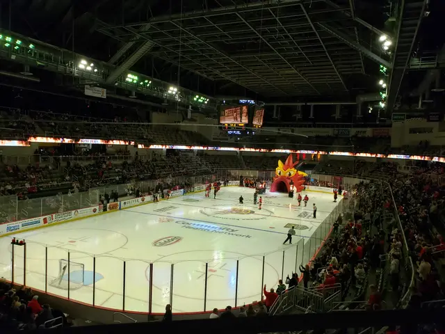 The image shows a hockey game being played in a large arena, with a group of people standing on the...