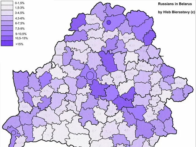 The image shows a map of Belarus with different colors representing the percentage of people living...