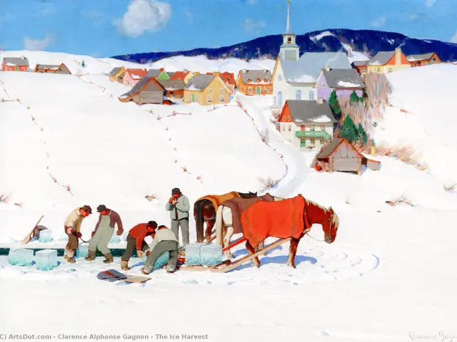 The image shows a painting of a group of people working in the snow, with a horse-drawn cart in the...
