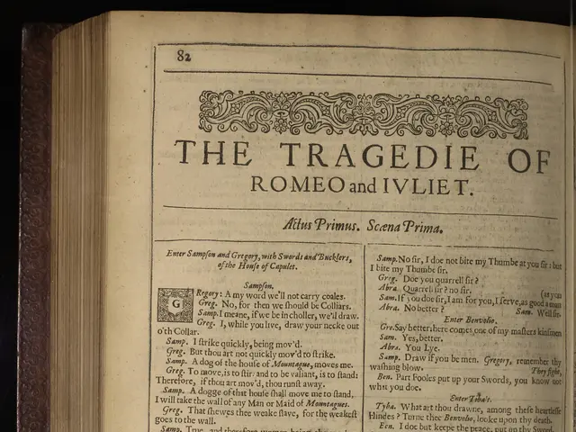 The image shows an open book with the text "The Tragedie of Romeo and Juliet" written on it against...