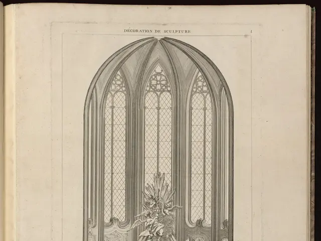 The image shows an open book with a drawing of a gothic altar in the middle of it. The altar is...