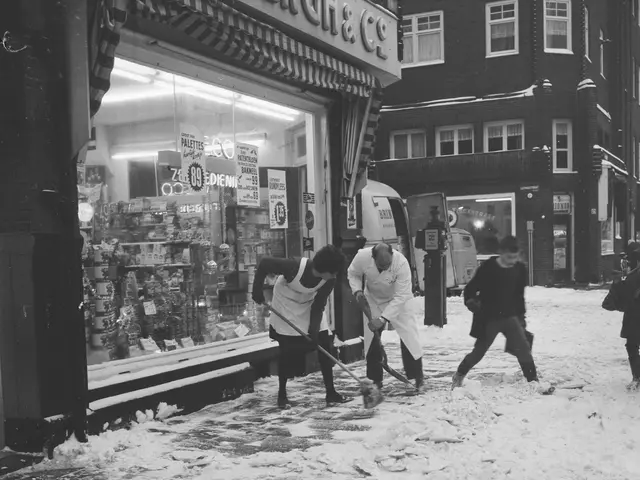 The image shows a group of people shoveling snow from the sidewalk in front of a store. The people...