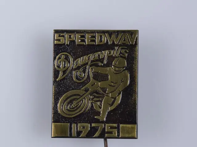 The image shows a pin with a picture of a person riding a motorcycle on it, with the text "Speedway...