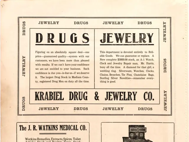 The image shows an old advertisement for a drug and jewelry store, featuring a paper with text and...