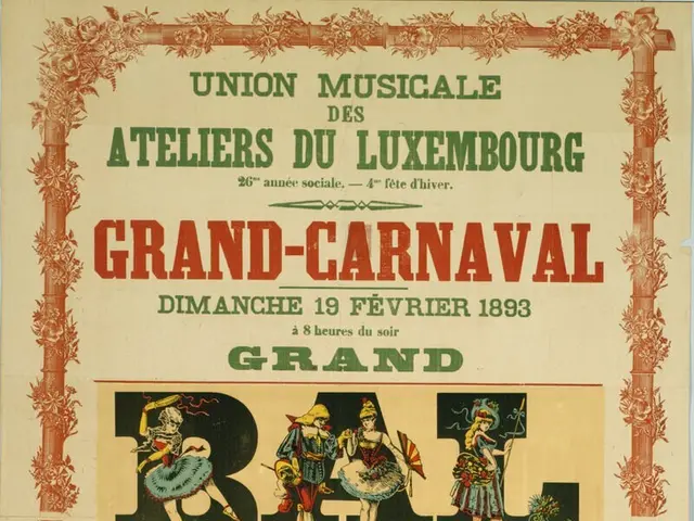 The image shows an old poster advertising a grand carnival in Paris, France. It features a colorful...