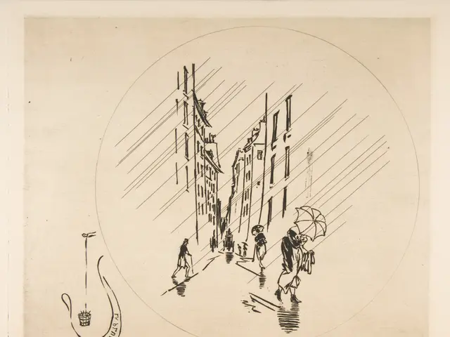 The image shows a drawing of people walking down a street in the rain, with buildings in the...