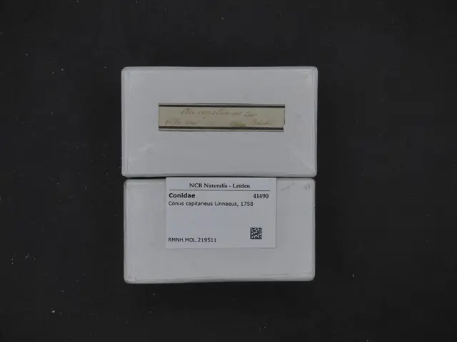 The image shows a white box with a label on it sitting on top of a black surface. The label has...