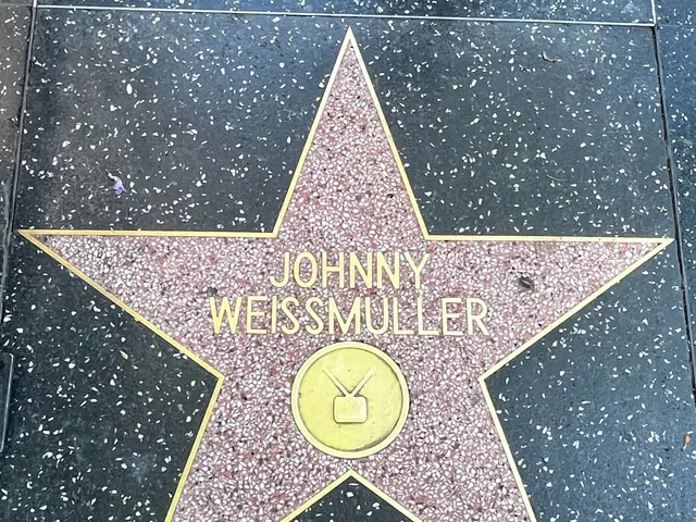 The image shows Johnny Weissmuller's star on the Hollywood Walk of Fame. The star is in the center...