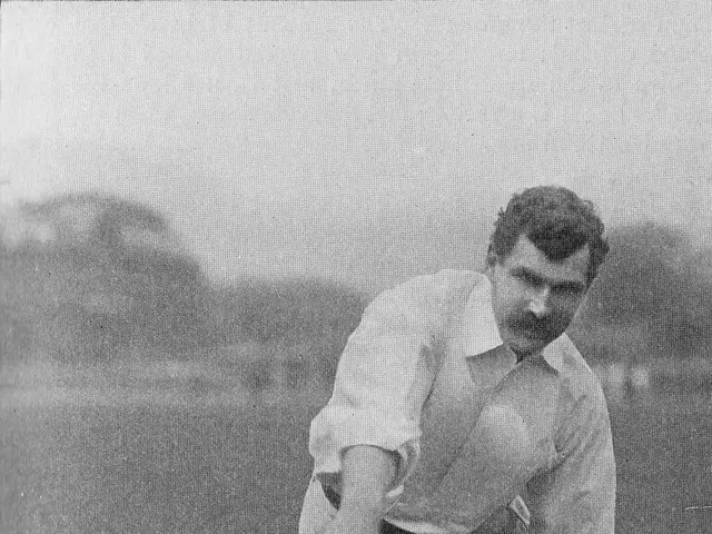 The image shows a man in a white shirt and pants playing a game of cricket, with wickets set up on...
