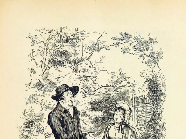 The image shows an old book with a drawing of a man and woman standing next to each other,...