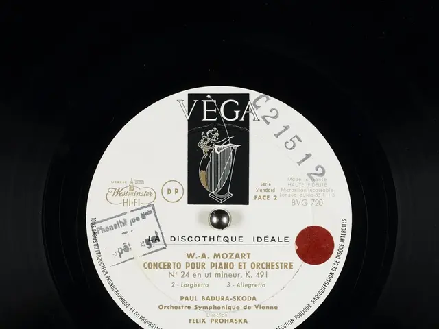 The image shows a black vinyl record with a white label on it, featuring text and a picture of...