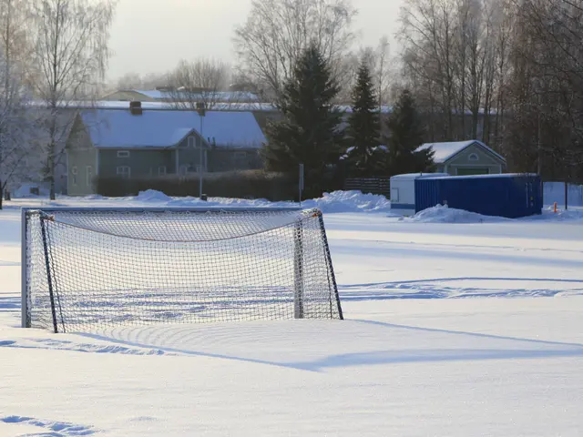 The image shows a soccer goal in the middle of a snowy field, surrounded by a net, poles, a fence,...