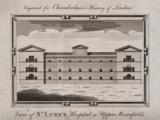 The image shows a drawing of St. Luke's Hospital in Upper Moorefields, with a picture frame...