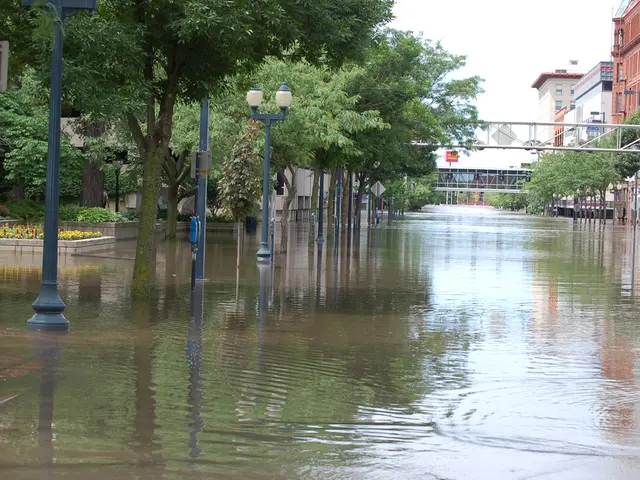 The image shows a flooded street in the middle of a city, with water covering the road, poles,...