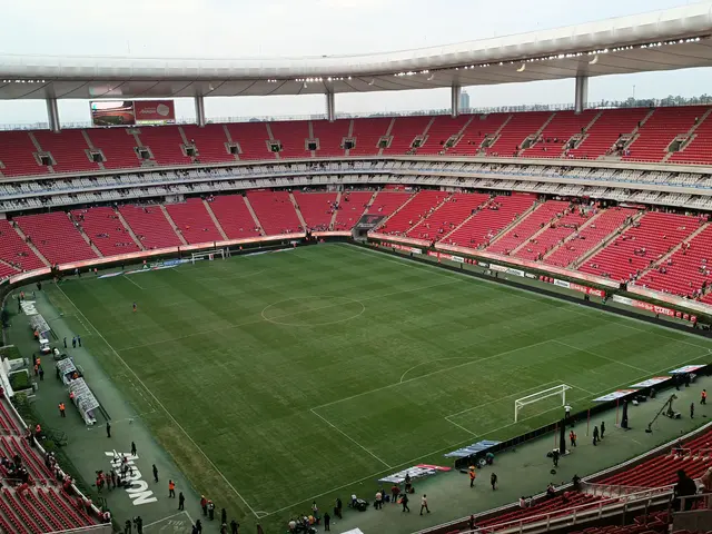 The image shows a large stadium filled with lots of red seats, with a group of people on the...