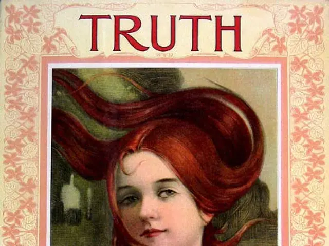 The image shows a woman with long red hair on the cover of a magazine titled "Truth". She is...