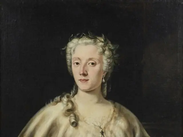 The image shows a painting of a woman in a fur coat, holding a book in her hands, with a dark...