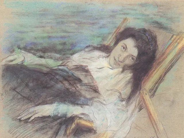 The image shows a woman lying on a beach chair, with her head resting on the armrests of the chair....