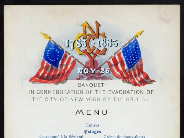 The image shows a menu card with two American flags on it, framed in a photo frame. The text on the...