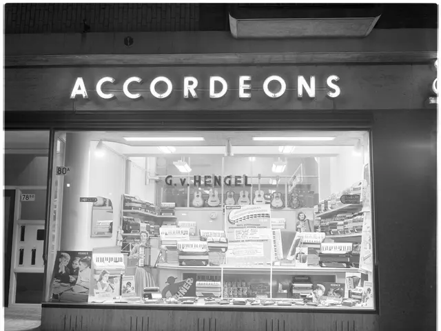 The image shows a black and white photo of a store front with a sign that reads "Accordeons"....