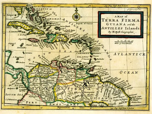 The image shows an old map of the British Virgin Islands, with Terra Firma Guiana and the Antilles...
